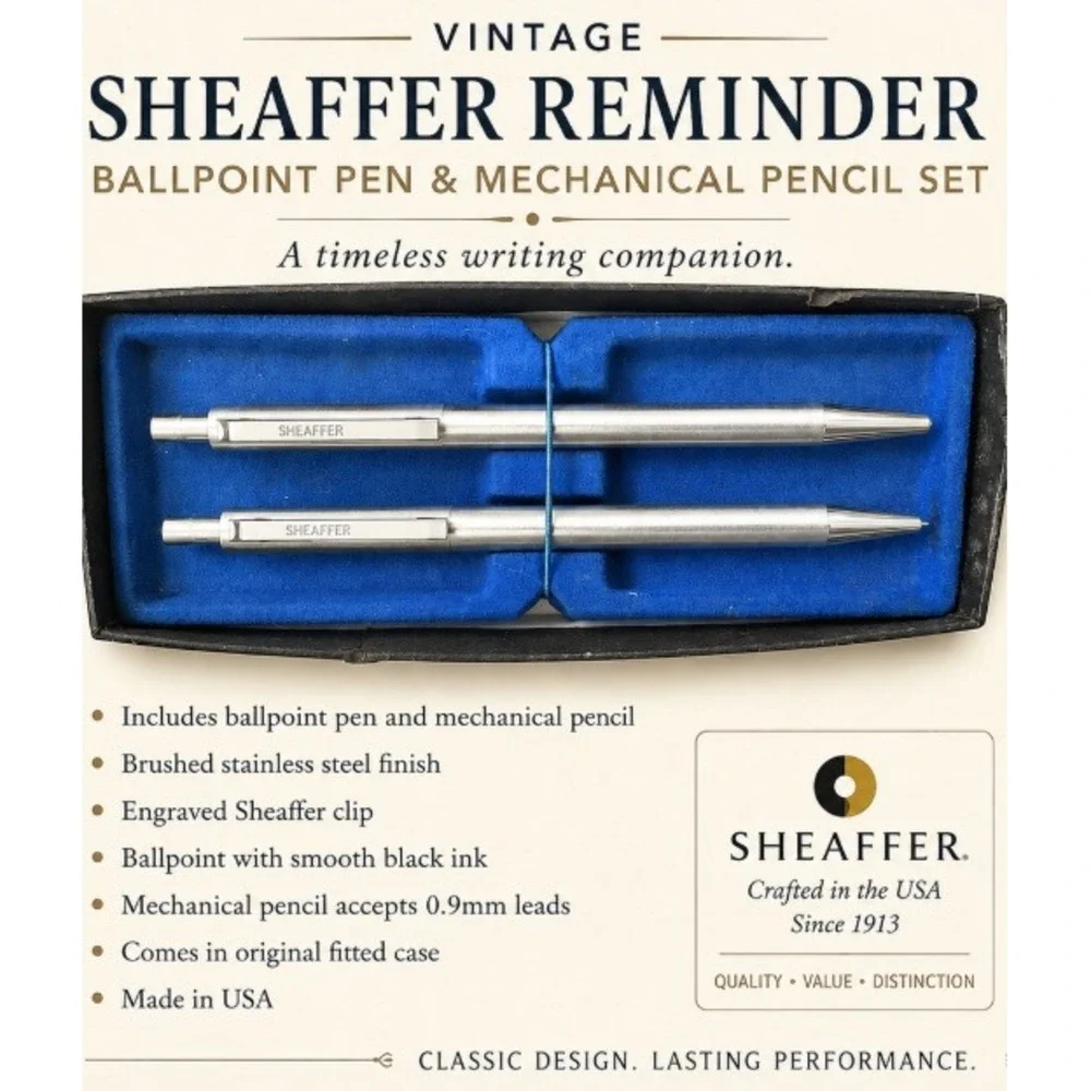 Vintage Sheaffer Reminder Ballpoint Pen Mechanical Pencil Set Brushed Steel USA